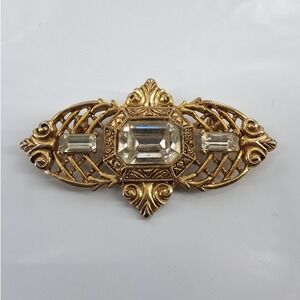 Vintage Gold Tone Filigree Brooch Victorian Revival Emerald Cut‎ Rhinestone